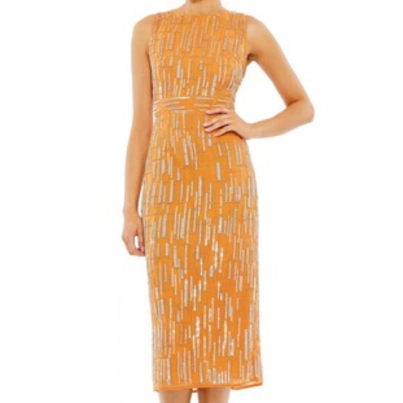 Mac Duggal Saffron Orange Sequin Mesh Sheath Dres - Picture 1 of 3